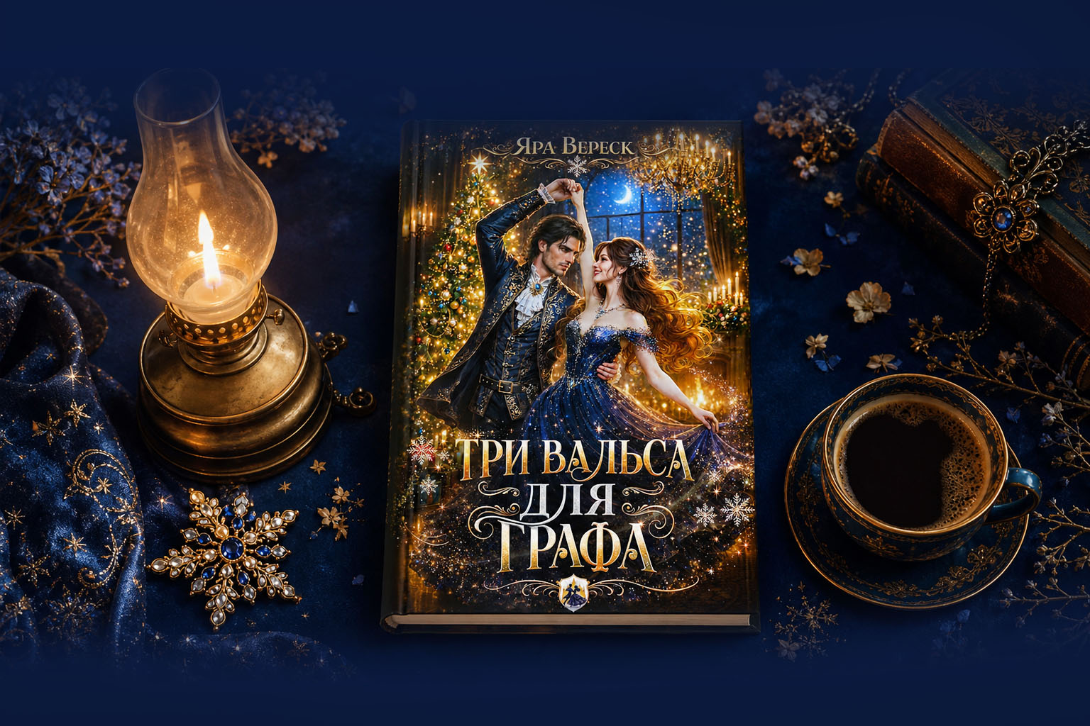 Обложка книги «Три вальса для графа» — атмосферный мокап с лампой, кофе и книгой